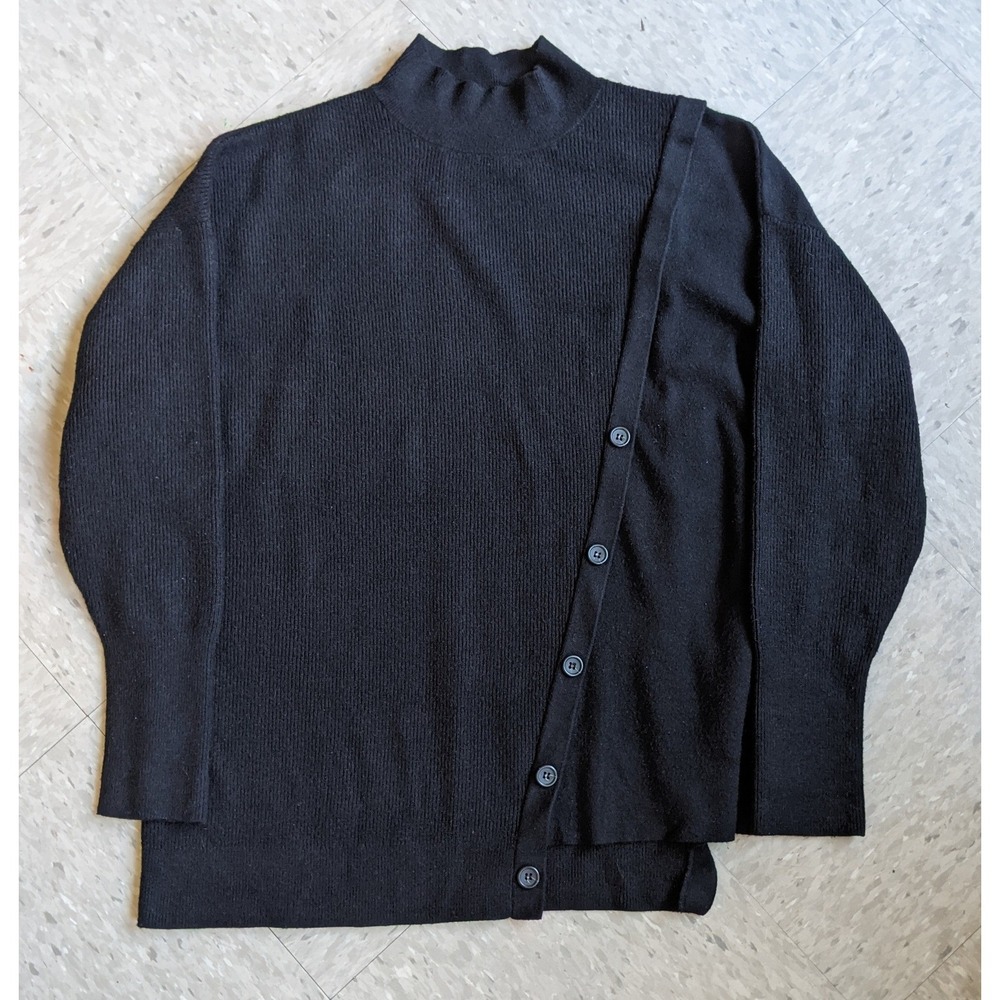 Halogen Black Asymmetric Button Mock Neck Ribbed Sweater XL